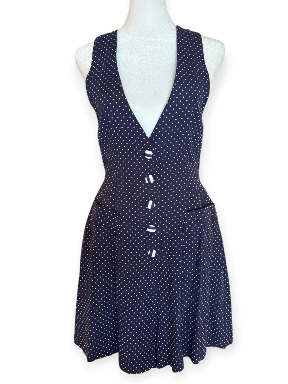 Vintage Navy Polka Dot V-Neck Button Front Romper, Size 7 (XS/S), Made in USA